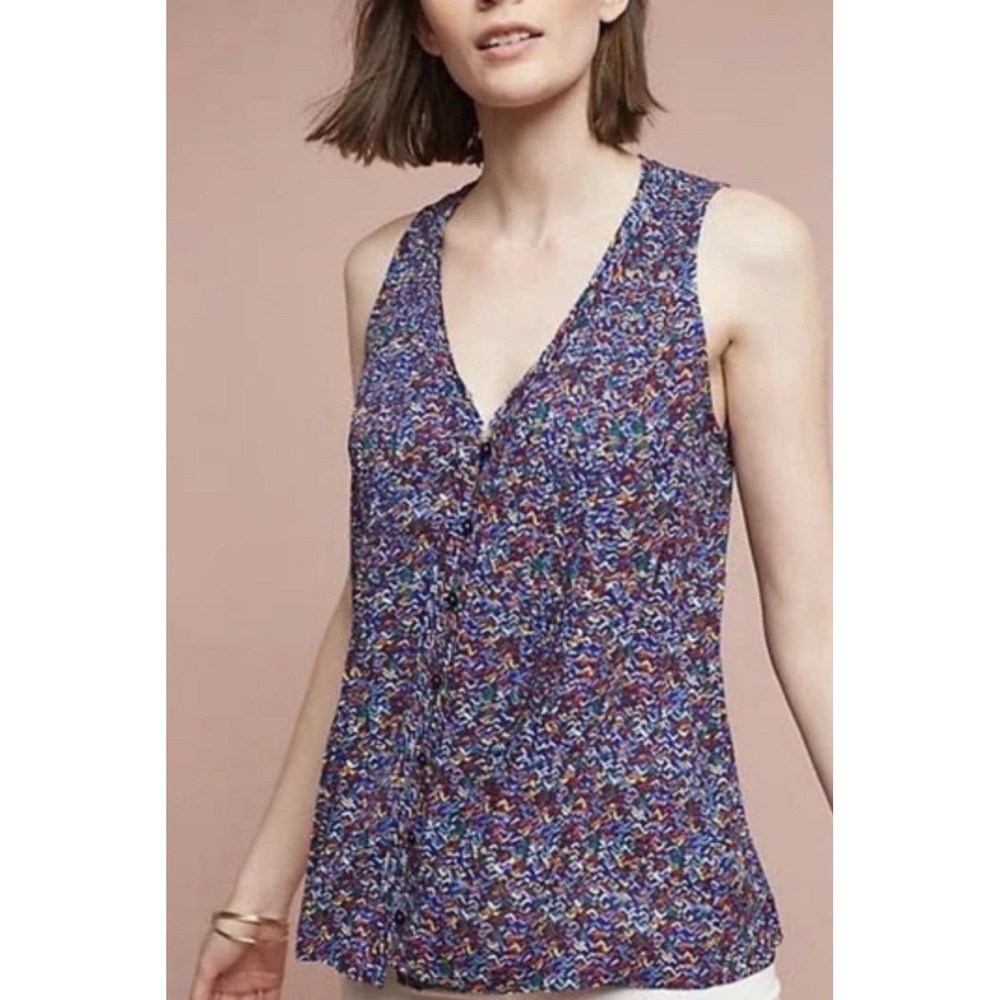 Meave Anthropologie‎ Lila confetti Pin Tuck Tank Blouse Sz M Boho Summer Buttons